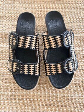 Brioso Woven Wedge Platform Womens Sandal 7.5 Black Natural Buckle NEW